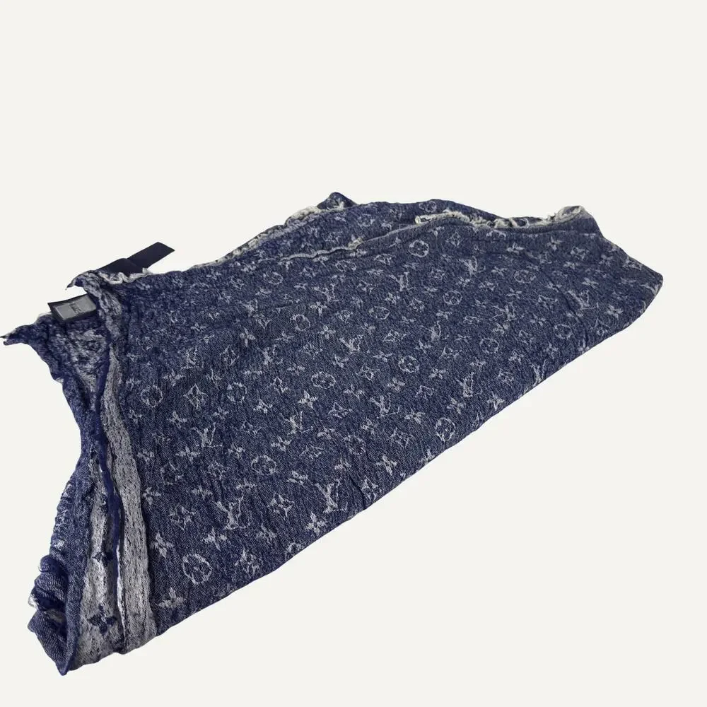 Louis Vuitton Monogram Denim Shawl Blue Silk Wool Fringe Wrap Made in Italy